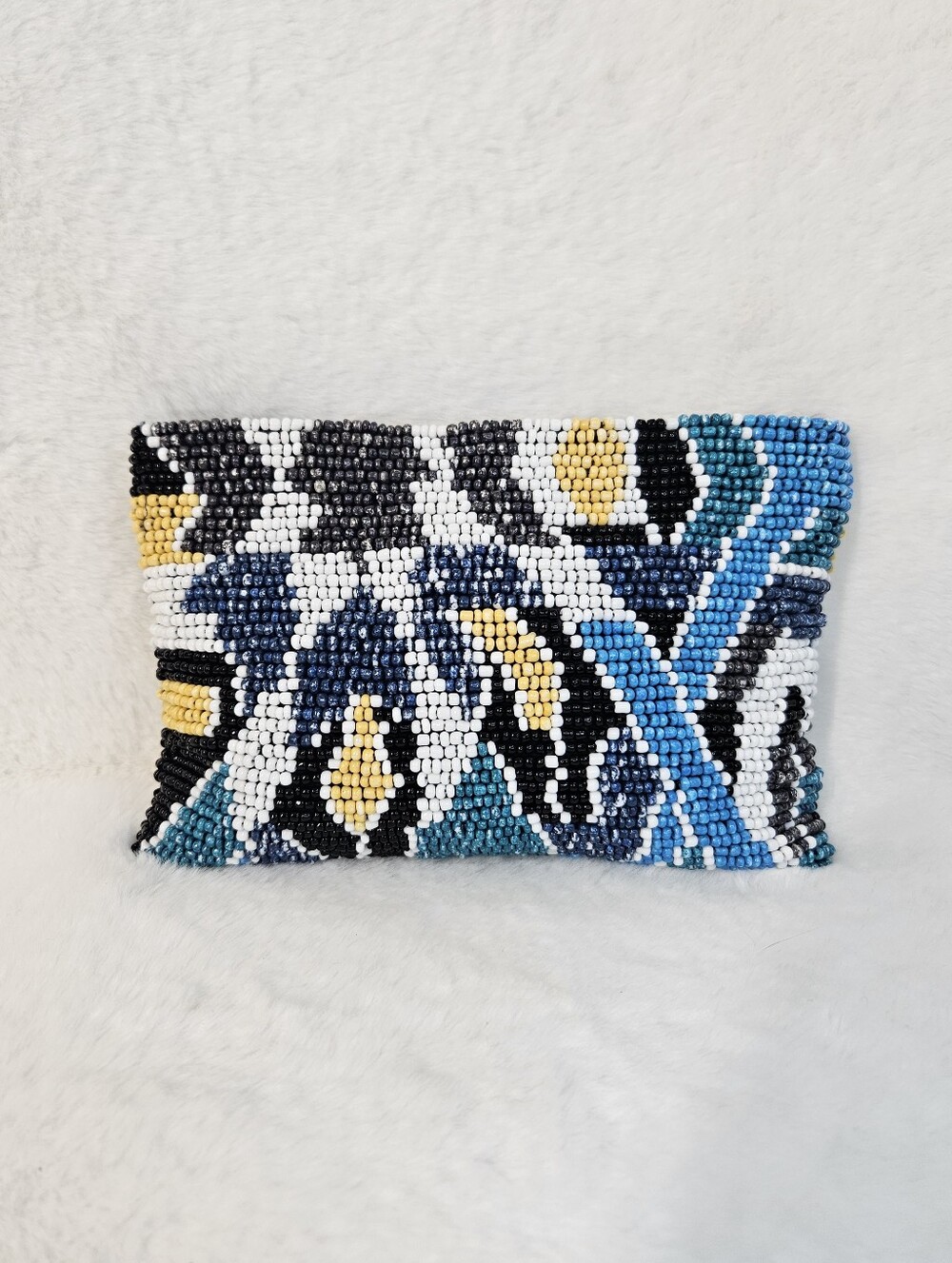 Beaded Zip Pouch in Blue, Yellow & Black